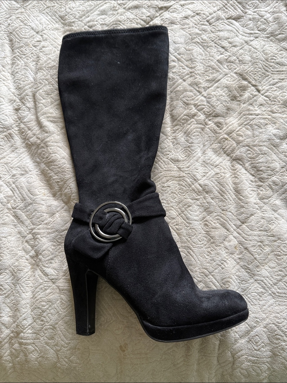 Impo Black Suede-Look High Heel Mid-Calf Boot with Buckle Detail